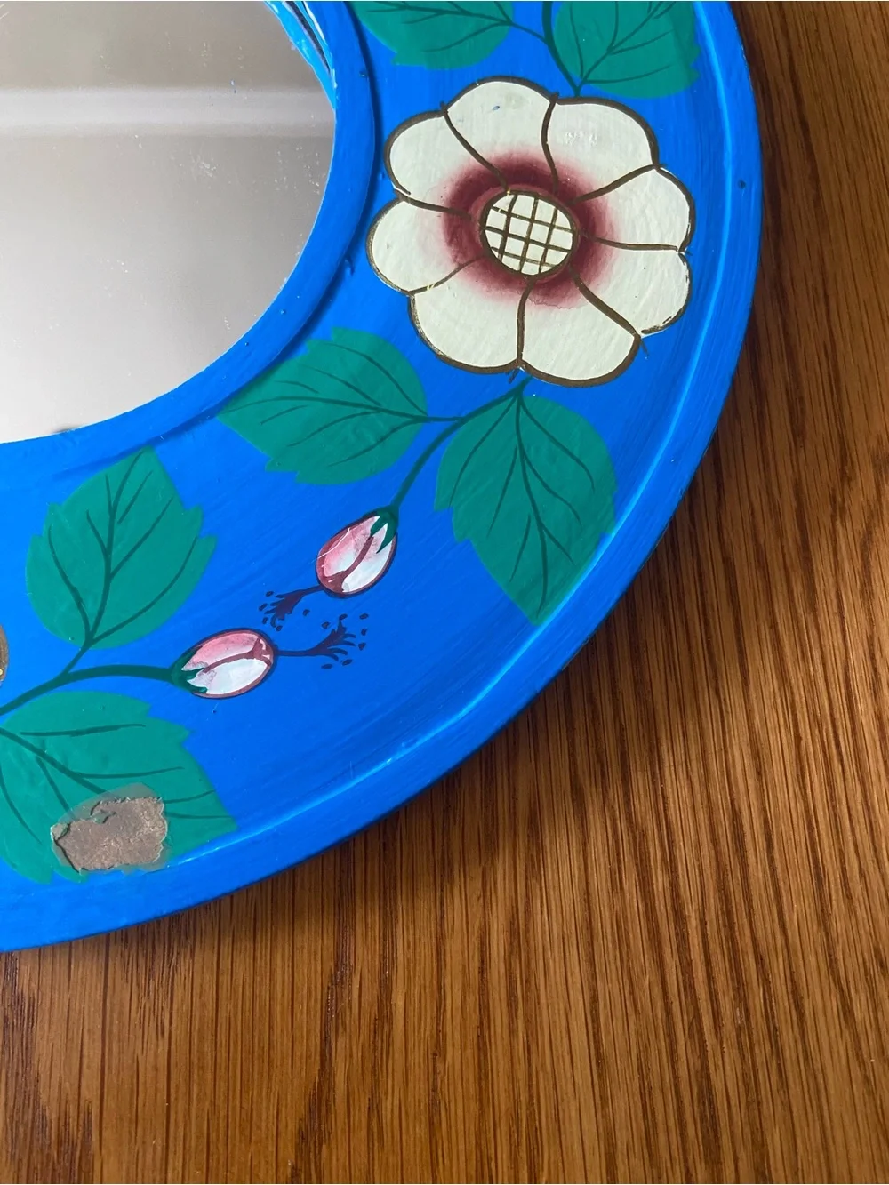Vintage Folk Art Hand-Painted Blue Floral Round Wall Mirror